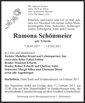 Traueranzeige von Ramona Schönmeier von Thüringer Allgemeine