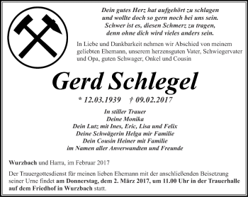 Traueranzeige von Gerd Schlegel von Ostthüringer Zeitung