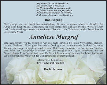 Traueranzeige von Anneliese Margraf von Thüringer Allgemeine, Thüringische Landeszeitung