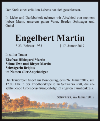 Traueranzeige von Engelbert Martin von Ostthüringer Zeitung