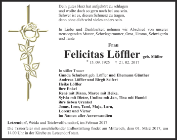 Traueranzeige von Felicitas Löffler von Ostthüringer Zeitung