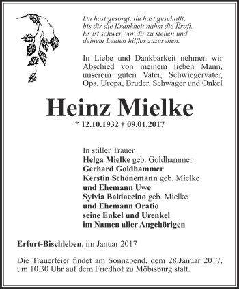 Traueranzeige von Heinz Mielke von Thüringer Allgemeine, Thüringische Landeszeitung