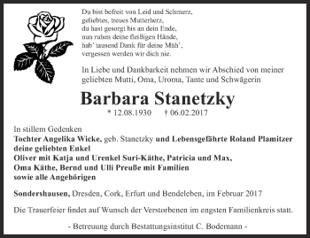 Traueranzeige von Barbara Starnetzky von Thüringer Allgemeine