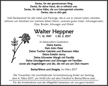 Traueranzeige von Walter Heppner von Thüringer Allgemeine, Thüringische Landeszeitung