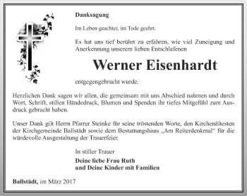 Traueranzeige von Werner Eisenhardt von Ostthüringer Zeitung, Thüringische Landeszeitung