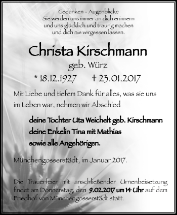 Traueranzeige von Christa Kirschmann von Thüringer Allgemeine, Thüringische Landeszeitung