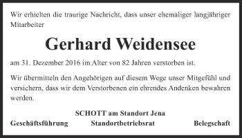 Traueranzeige von Gerhard Weidensee von Ostthüringer Zeitung, Thüringische Landeszeitung