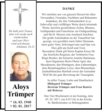 Traueranzeige von Aloys Trümper von Thüringer Allgemeine