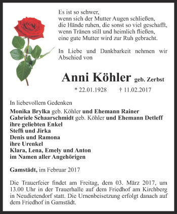 Traueranzeige von Anni Köhler von Thüringer Allgemeine, Thüringische Landeszeitung