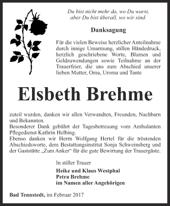 Traueranzeige von Elsbeth Brehme von Thüringer Allgemeine, Thüringische Landeszeitung