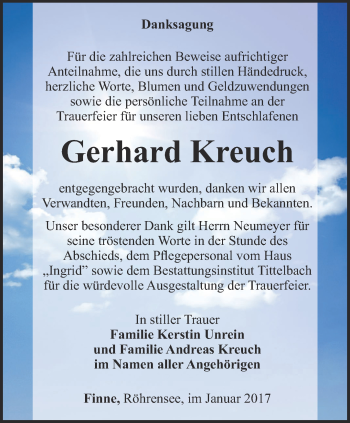 Traueranzeige von Gerhard Kreuch von Thüringer Allgemeine