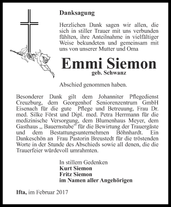 Traueranzeige von Emmi Siemon von Thüringer Allgemeine, Thüringische Landeszeitung