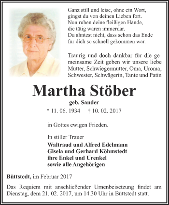 Traueranzeige von Martha Stöber von Thüringer Allgemeine