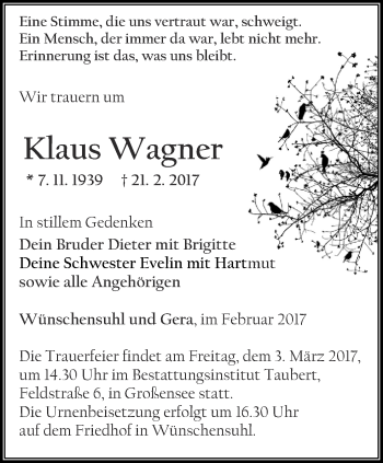 Traueranzeige von Klaus Wagner von Thüringer Allgemeine, Thüringische Landeszeitung