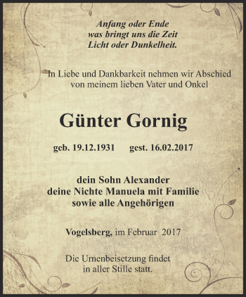 Traueranzeige von Günter Gornig von Thüringer Allgemeine