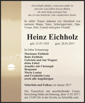 Traueranzeige von Heinz Eichholz von Thüringer Allgemeine, Thüringische Landeszeitung