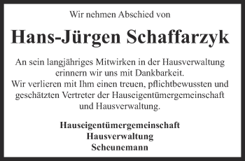Traueranzeige von Hans-Jürgen Schaffarzyk von Thüringer Allgemeine, Thüringische Landeszeitung