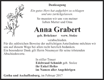 Traueranzeige von Anna Grabert von Ostthüringer Zeitung, Thüringische Landeszeitung