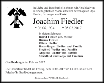 Traueranzeige von Joachim Fiedler von Thüringer Allgemeine