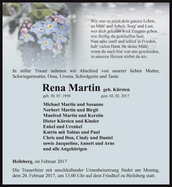 Traueranzeige von Rena Martin von Ostthüringer Zeitung