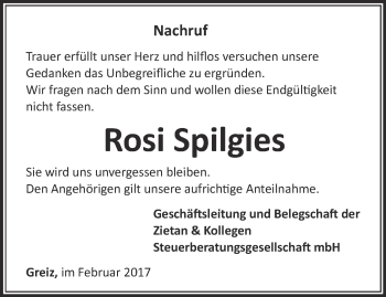 Traueranzeige von Rosi Spilgies von Ostthüringer Zeitung