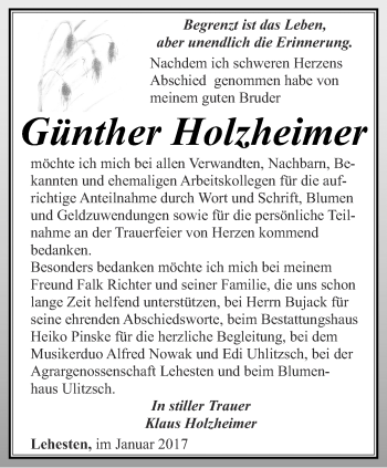 Traueranzeige von Günther Holzheimer von Ostthüringer Zeitung