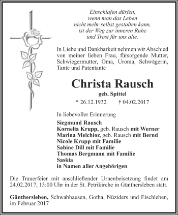 Traueranzeige von Christa Rausch von Ostthüringer Zeitung, Thüringische Landeszeitung