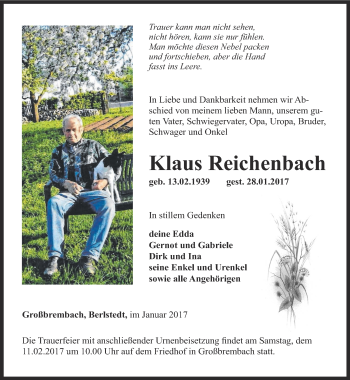 Traueranzeige von Klaus Reichenbach von Thüringer Allgemeine