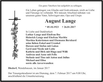 Traueranzeige von August Lange von Thüringer Allgemeine, Thüringische Landeszeitung