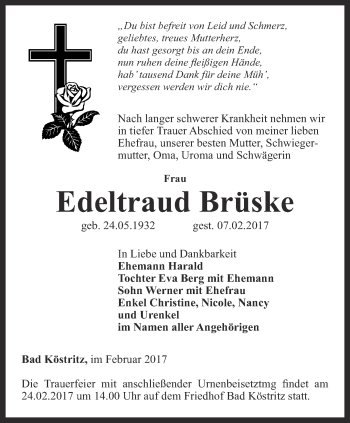 Traueranzeige von Edeltraud Brüske von Ostthüringer Zeitung