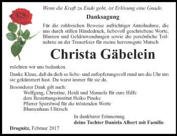 Traueranzeige von Christa Gäbelein von Ostthüringer Zeitung