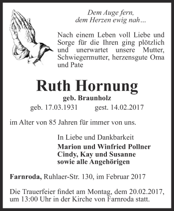 Traueranzeige von Ruth Hornung  von Thüringer Allgemeine, Thüringische Landeszeitung