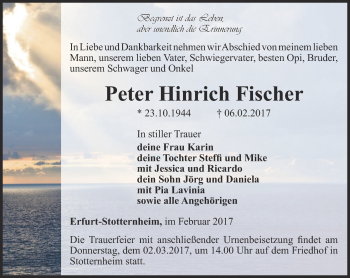 Traueranzeige von Peter Hinrich Fischer von Thüringer Allgemeine, Thüringische Landeszeitung