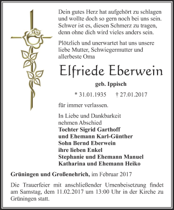 Traueranzeige von Elfriede Eberwein von Thüringer Allgemeine