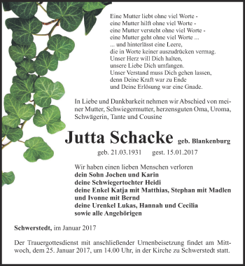 Traueranzeige von Jutta Schacke von Thüringer Allgemeine, Thüringische Landeszeitung