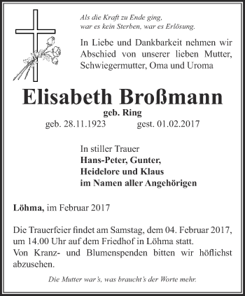 Traueranzeige von Elisabeth Broßmann von Ostthüringer Zeitung