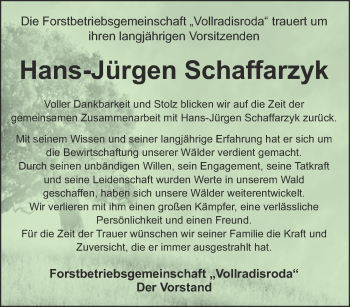 Traueranzeige von Hans-Jürgen Schaffarzyk von Thüringer Allgemeine, Thüringische Landeszeitung