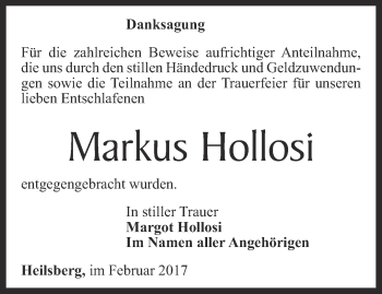 Traueranzeige von Markus  Hollosi von Ostthüringer Zeitung