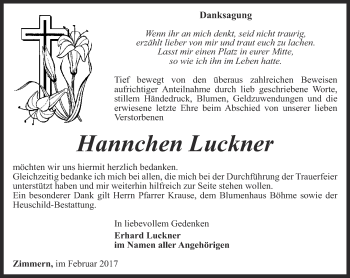 Traueranzeige von Hannchen Luckner von Ostthüringer Zeitung, Thüringische Landeszeitung