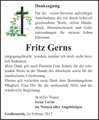Traueranzeige von Fritz Gerns von Ostthüringer Zeitung