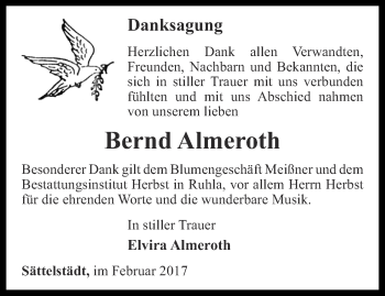 Traueranzeige von Bernd Almeroth von Ostthüringer Zeitung, Thüringische Landeszeitung