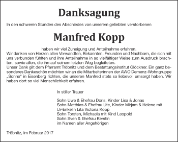 Traueranzeige von Manfred Kopp von Ostthüringer Zeitung