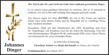 Traueranzeige von Johannes Dinger von Ostthüringer Zeitung