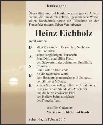 Traueranzeige von Heinz Eichholz von Thüringer Allgemeine, Thüringische Landeszeitung
