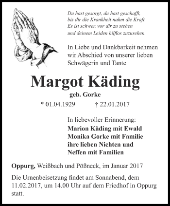 Traueranzeige von Margot Käding von Ostthüringer Zeitung