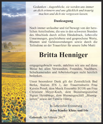 Traueranzeige von Britta Henniger von Thüringer Allgemeine, Thüringische Landeszeitung