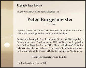 Traueranzeige von Peter Bürgermeister von Thüringer Allgemeine, Thüringische Landeszeitung