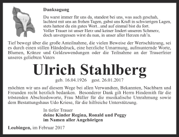 Traueranzeige von Ulrich Stahlberg von Thüringer Allgemeine