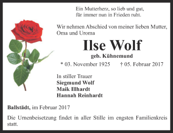 Traueranzeige von Ilse Wolf von Ostthüringer Zeitung, Thüringische Landeszeitung