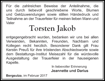 Traueranzeige von Torsten Jakob von Thüringer Allgemeine, Thüringische Landeszeitung